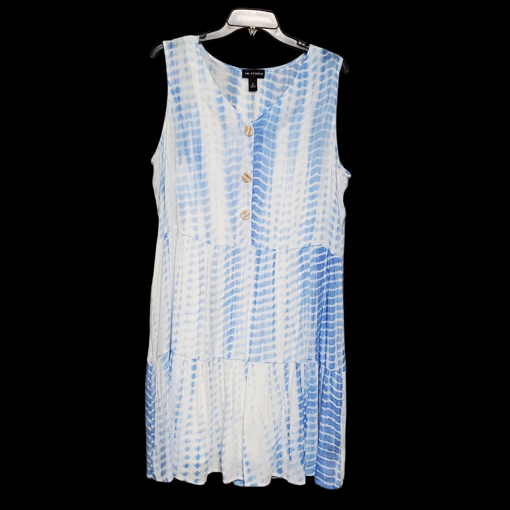 I.N. Studio Sleeveless Blue and White Tie Dye Tiered Dress - XL